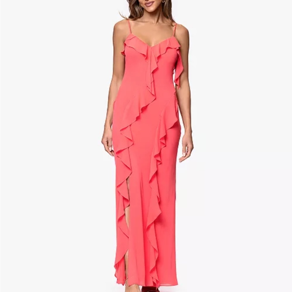 NWT XSCAPE Petite Ruffle Detail Sweetheart Neck Maxi Dress 8P